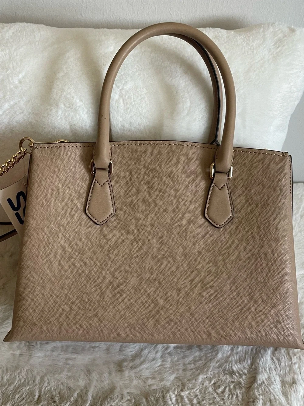 NWT Michael Kors Taupe Saffiano Leather Satchel with Gold Hardware.